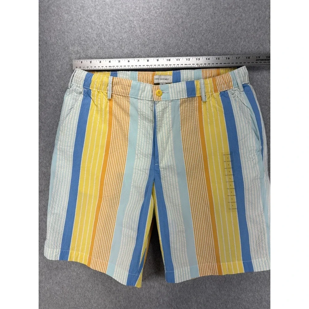 Free Assembly Mens L‎ Seersucker Awning Stripe Shorts Button Zip Cotton